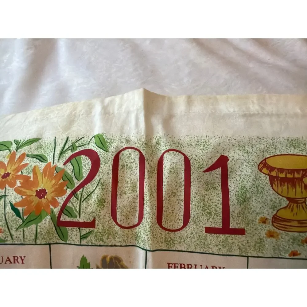 Vintage 2001 Calendar Tea Towel Flowers Fruit Linen Kitchen Wall Hanging Decor